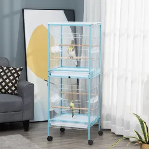 2 In 1 Large Bird Cage Budgie Cage with Stand Wheels Aviary for Finch Canaries Cockatiels Slide-out Trays Blue