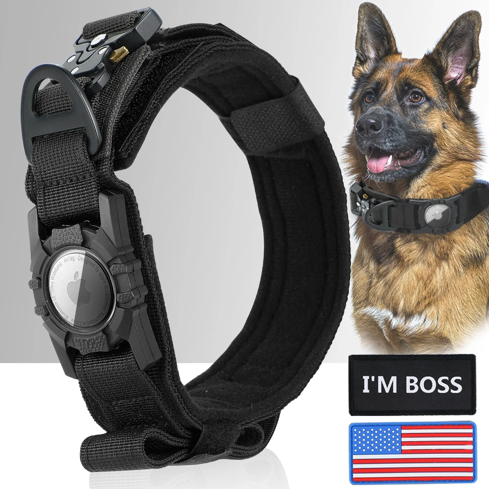 AirTag Dog Collar with Handle, Tactical Dog Collar for Large Medium Dogs, Military Dog with Metal Buckle for Large Dogs AirTag Sold Separately