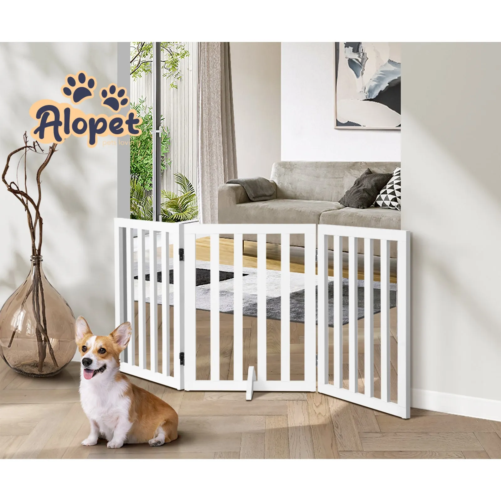 Alopet Wooden Pet Gate Dog Fence Safety Stair Barrier Security Door 3 Panels