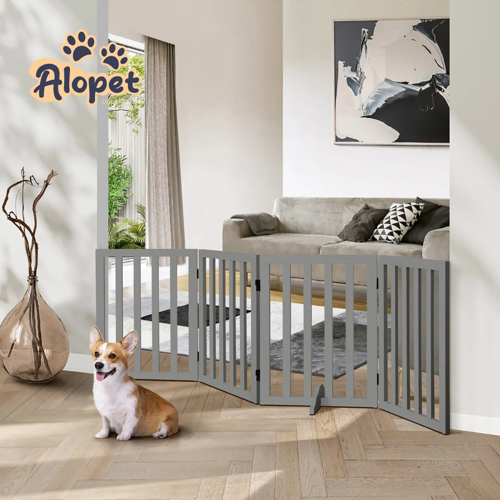 Alopet Wooden Pet Gate Dog Fence Safety Stair Barrier Security Door 4-Panel Grey