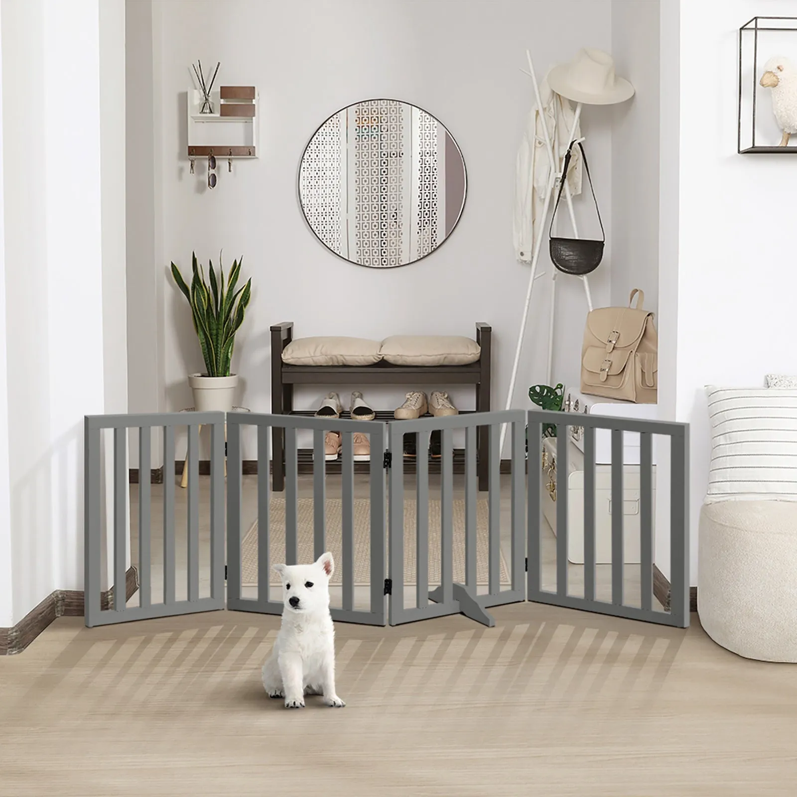 Alopet Wooden Pet Gate Dog Fence Safety Stair Barrier Security Door 4-Panel Grey