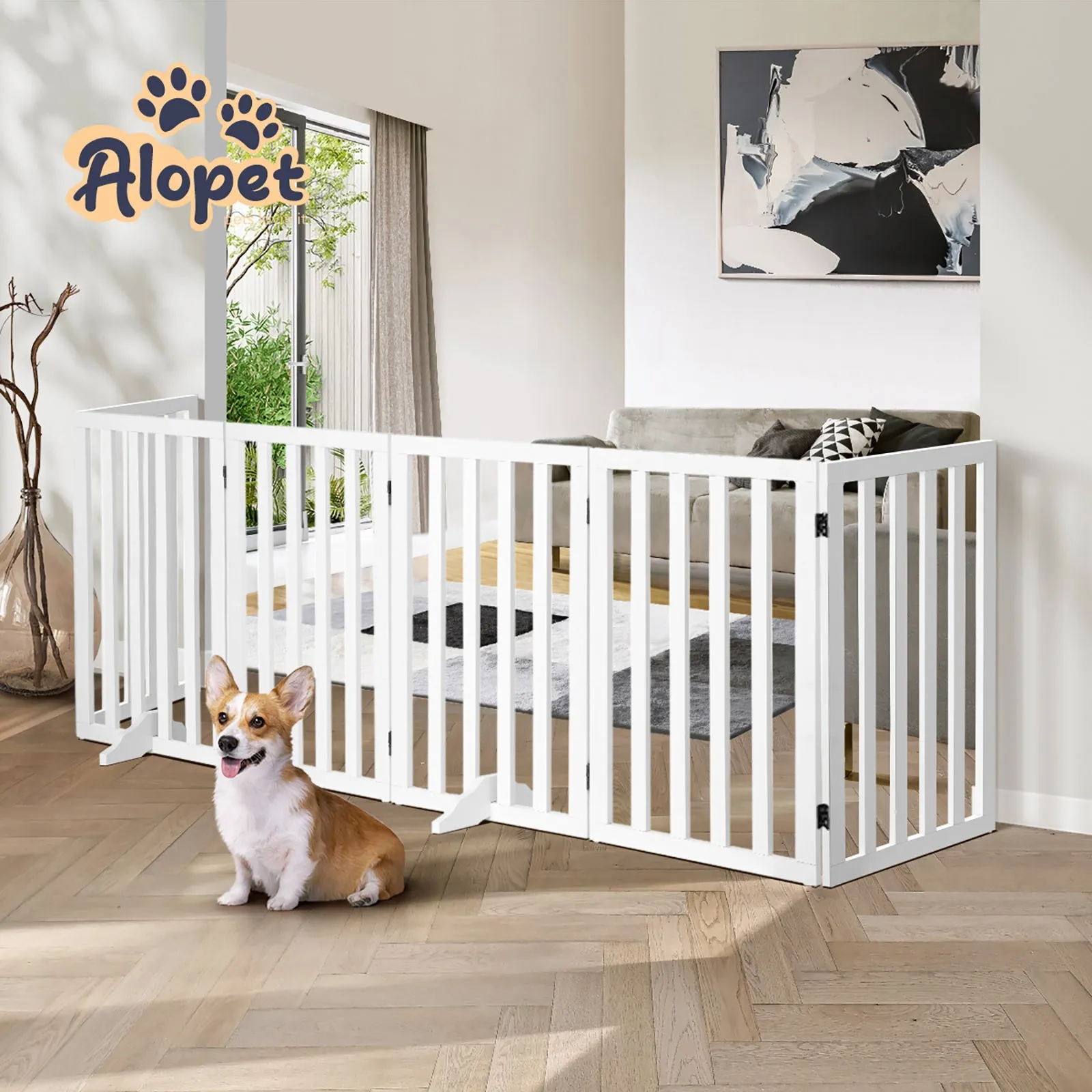 Alopet Wooden Pet Gate Dog Fence Safety Stair Barrier Security Door 6-Panel 80cm