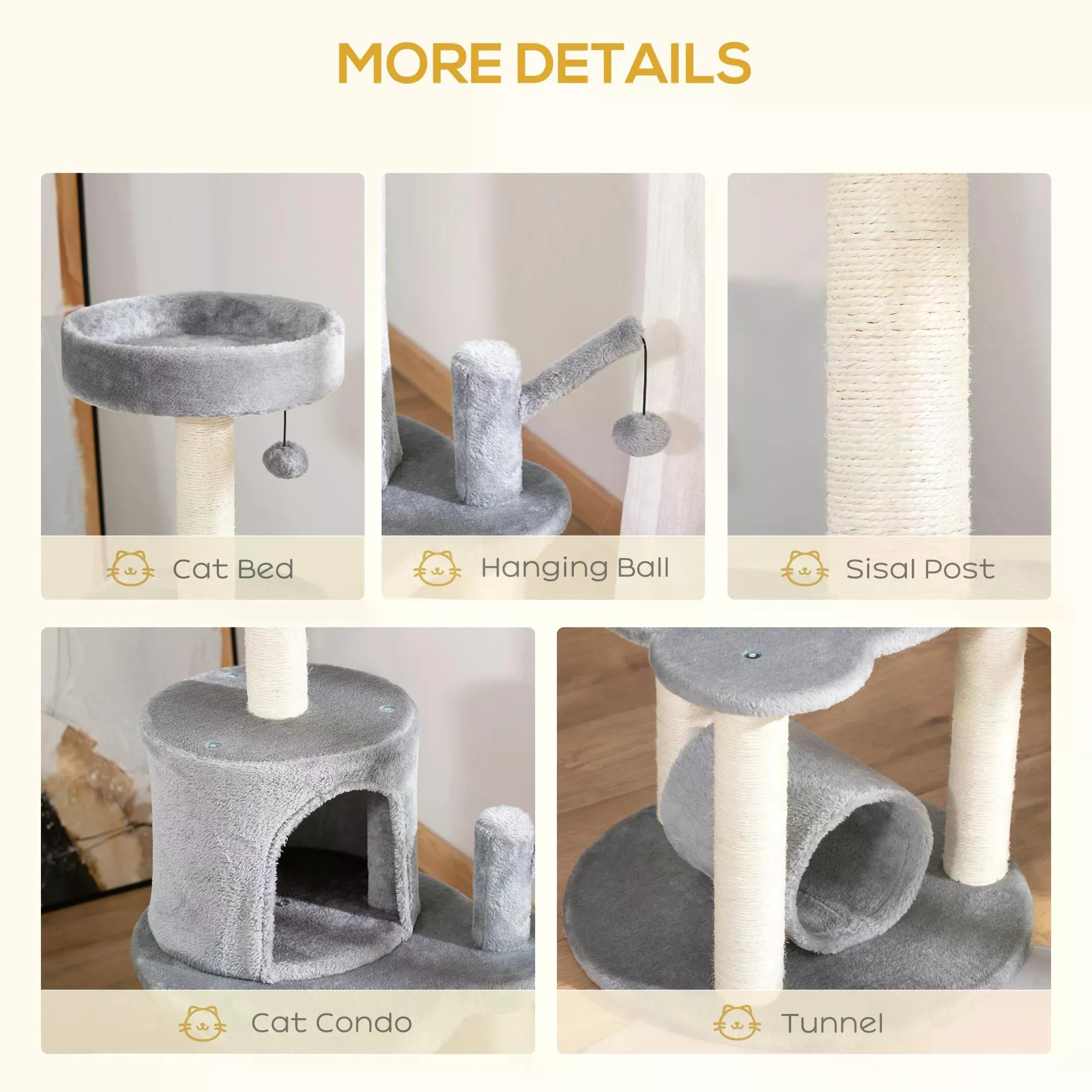 Cat Tree Tower for Indoor Cats Climbing Activity Center Kitten Furniture with Jute Scratching Post Bed Tunnel Perch Hanging Balls Grey