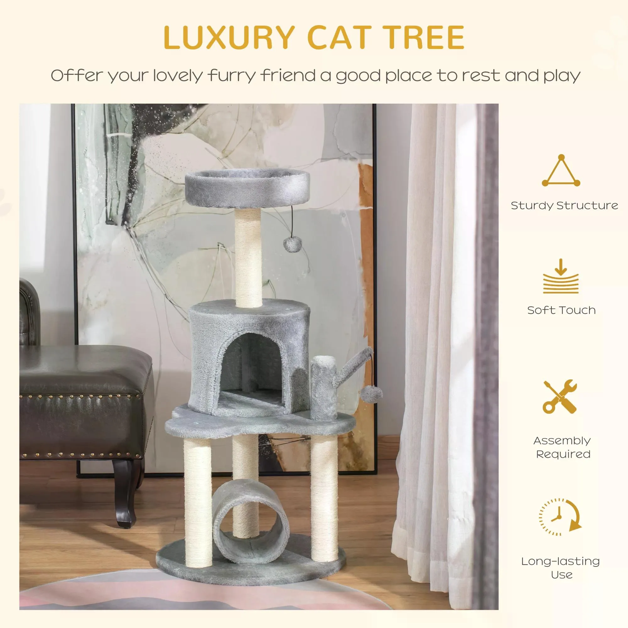 Cat Tree Tower for Indoor Cats Climbing Activity Center Kitten Furniture with Jute Scratching Post Bed Tunnel Perch Hanging Balls Grey