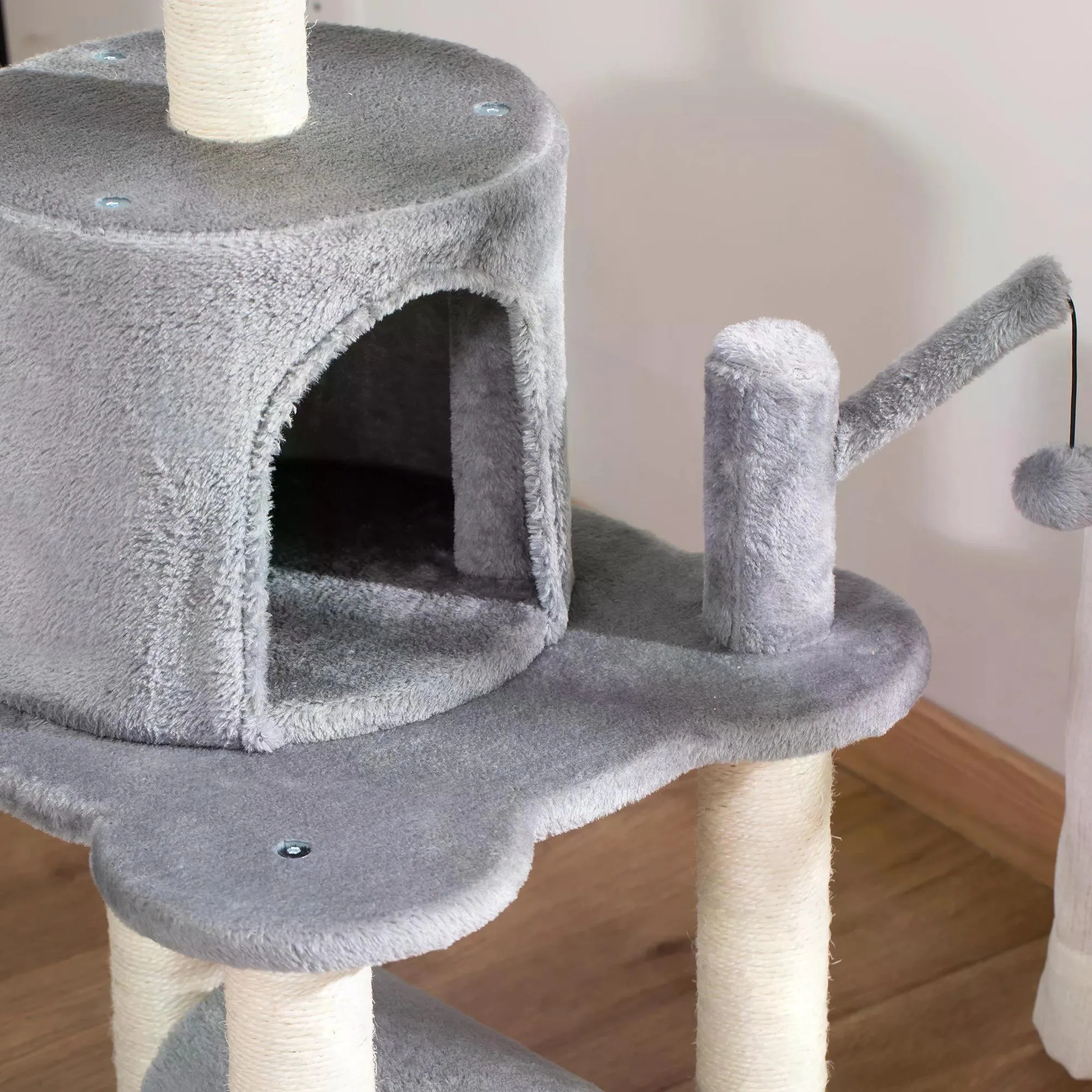 Cat Tree Tower for Indoor Cats Climbing Activity Center Kitten Furniture with Jute Scratching Post Bed Tunnel Perch Hanging Balls Grey