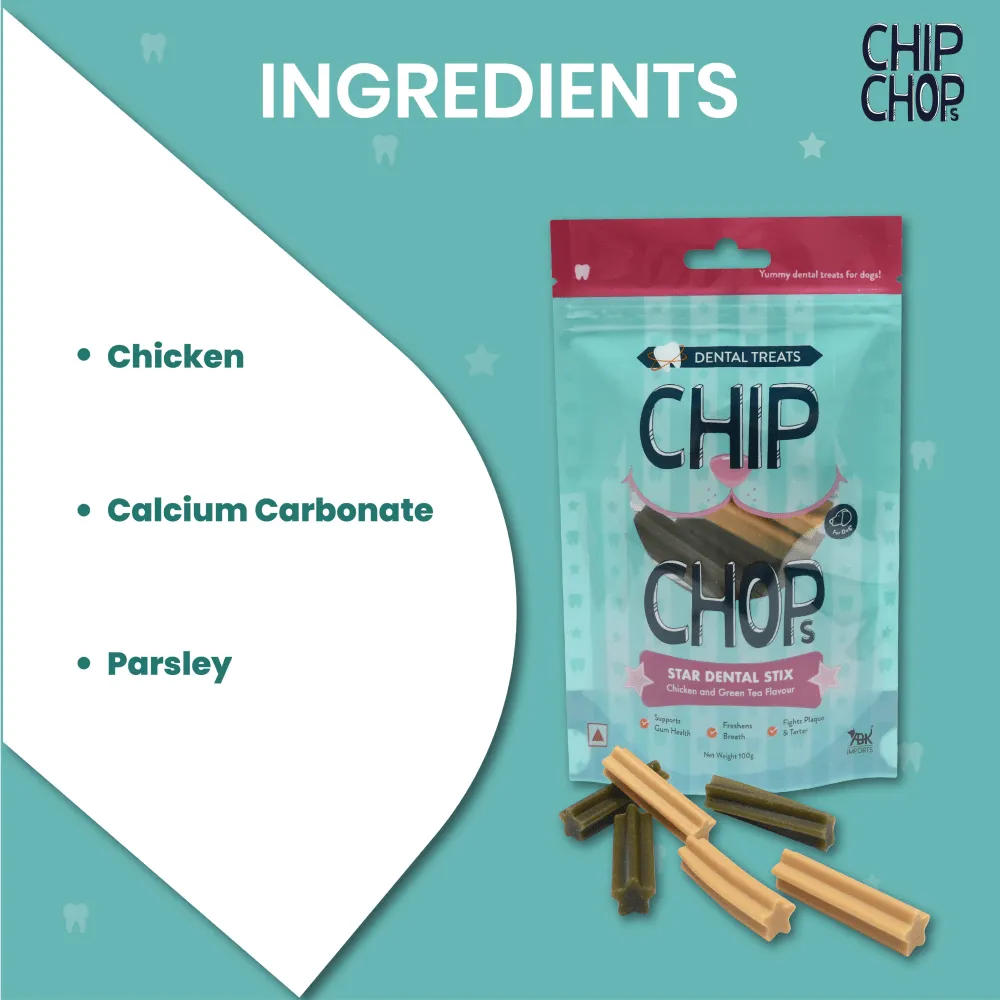 Chip Chops Star Dental Stix Chicken and Green Tea Flavored Dog Treats