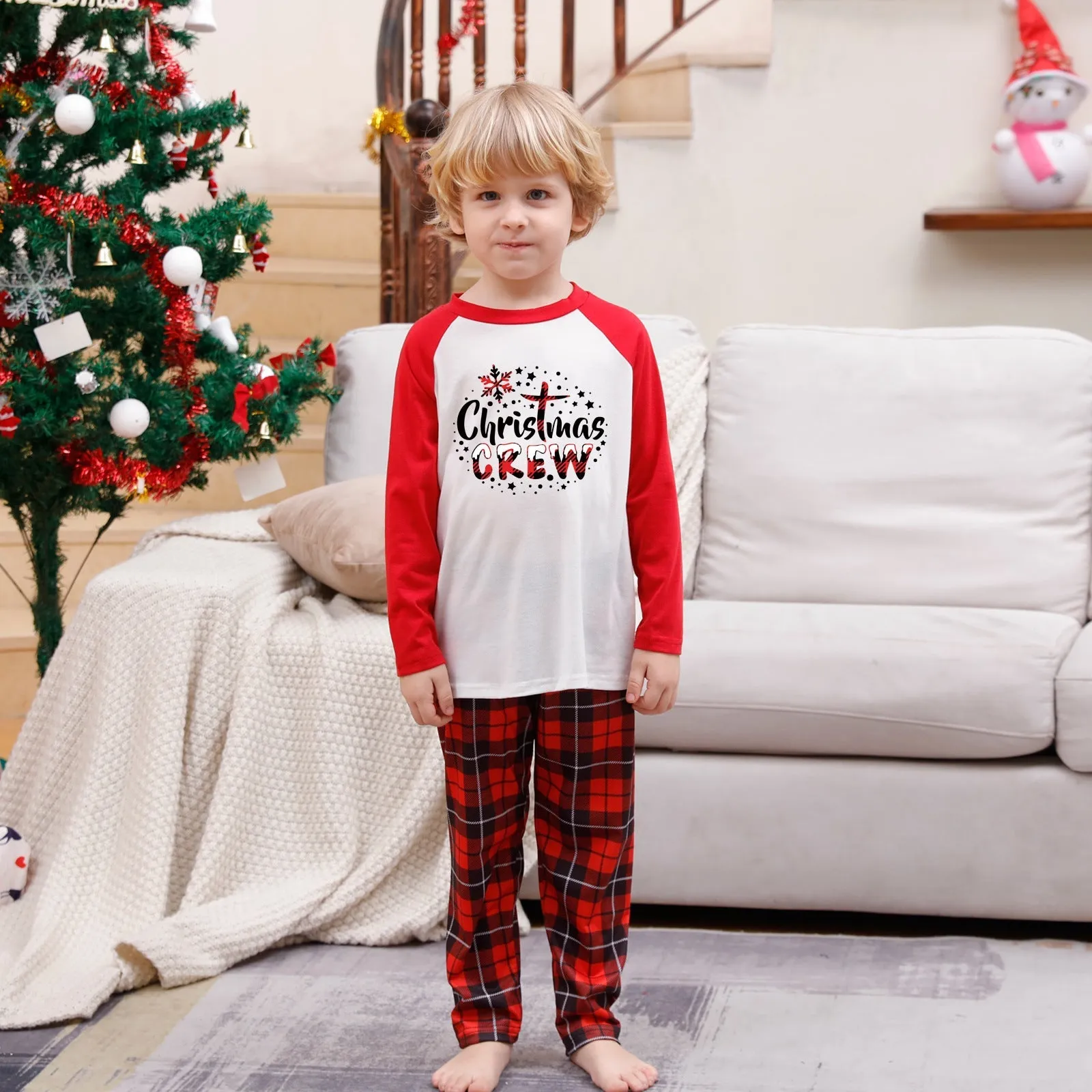 Christmas Crew red plaid parent-child matching pajamas cartoon print