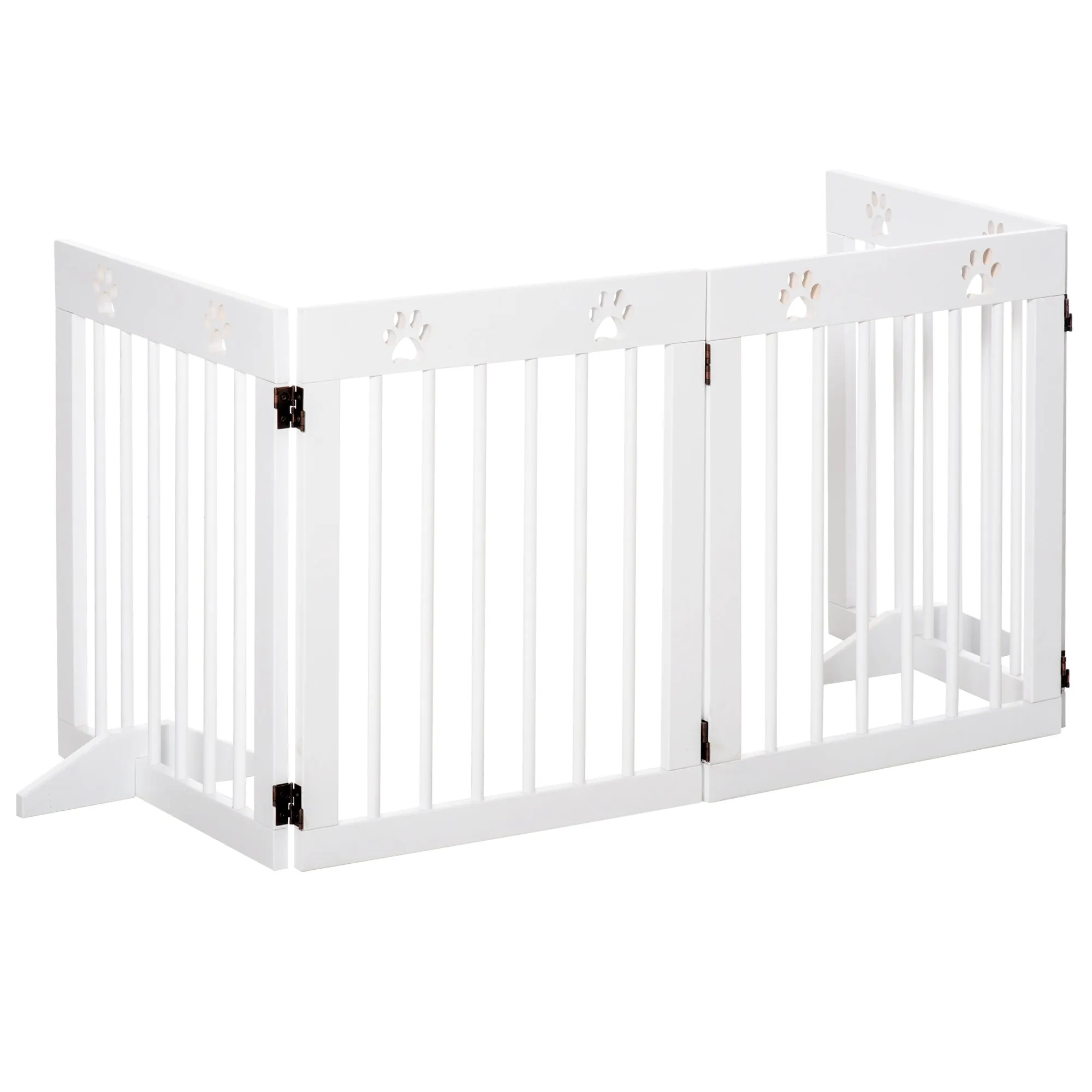 Freestanding Pet Gate 4 Panel Wooden Dog Barrier Folding Safety Fence with Support Feet up to 204cm Long 61cm Tall for Doorway Stairs White