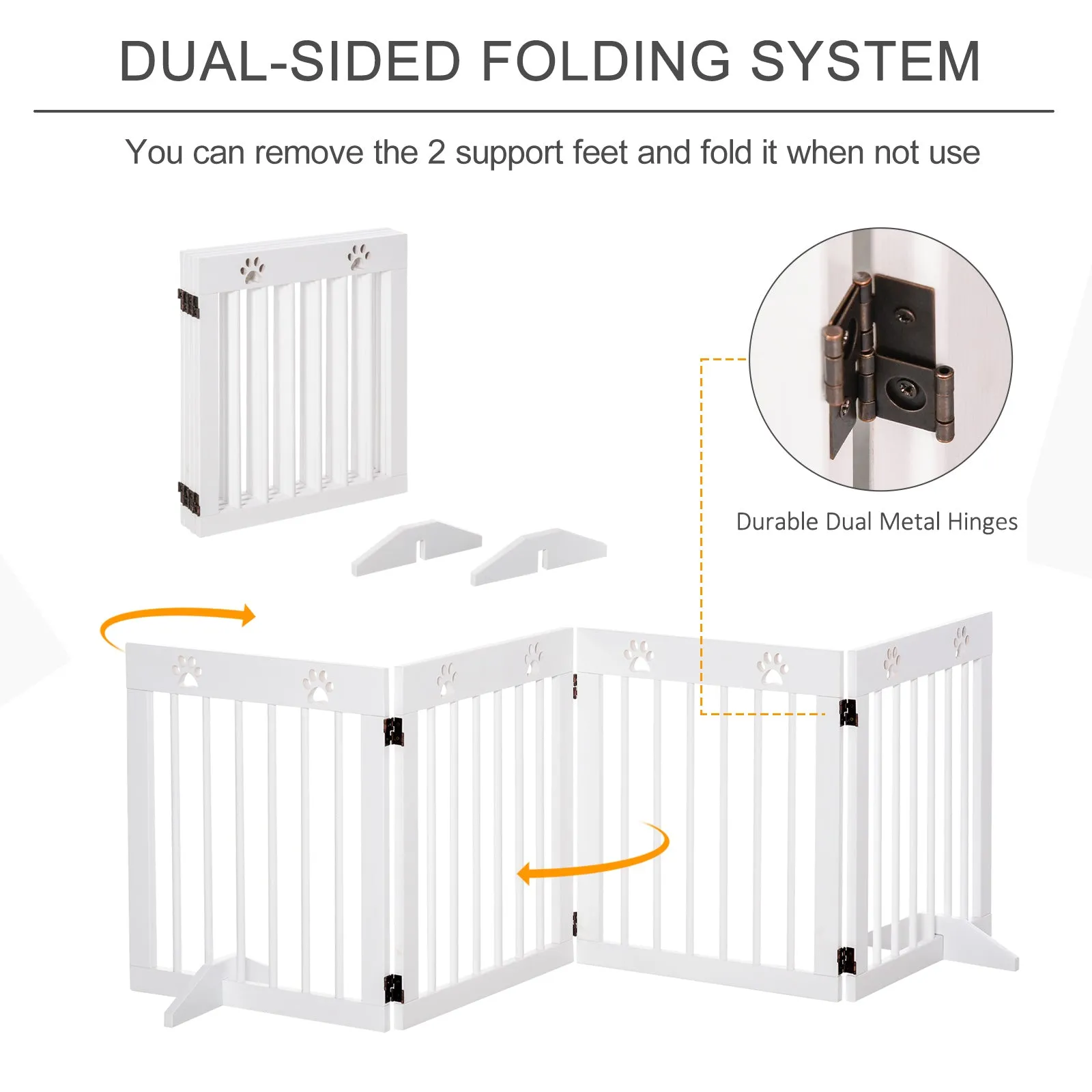 Freestanding Pet Gate 4 Panel Wooden Dog Barrier Folding Safety Fence with Support Feet up to 204cm Long 61cm Tall for Doorway Stairs White