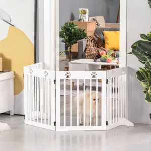 Freestanding Pet Gate 4 Panel Wooden Dog Barrier Folding Safety Fence with Support Feet up to 204cm Long 61cm Tall for Doorway Stairs White