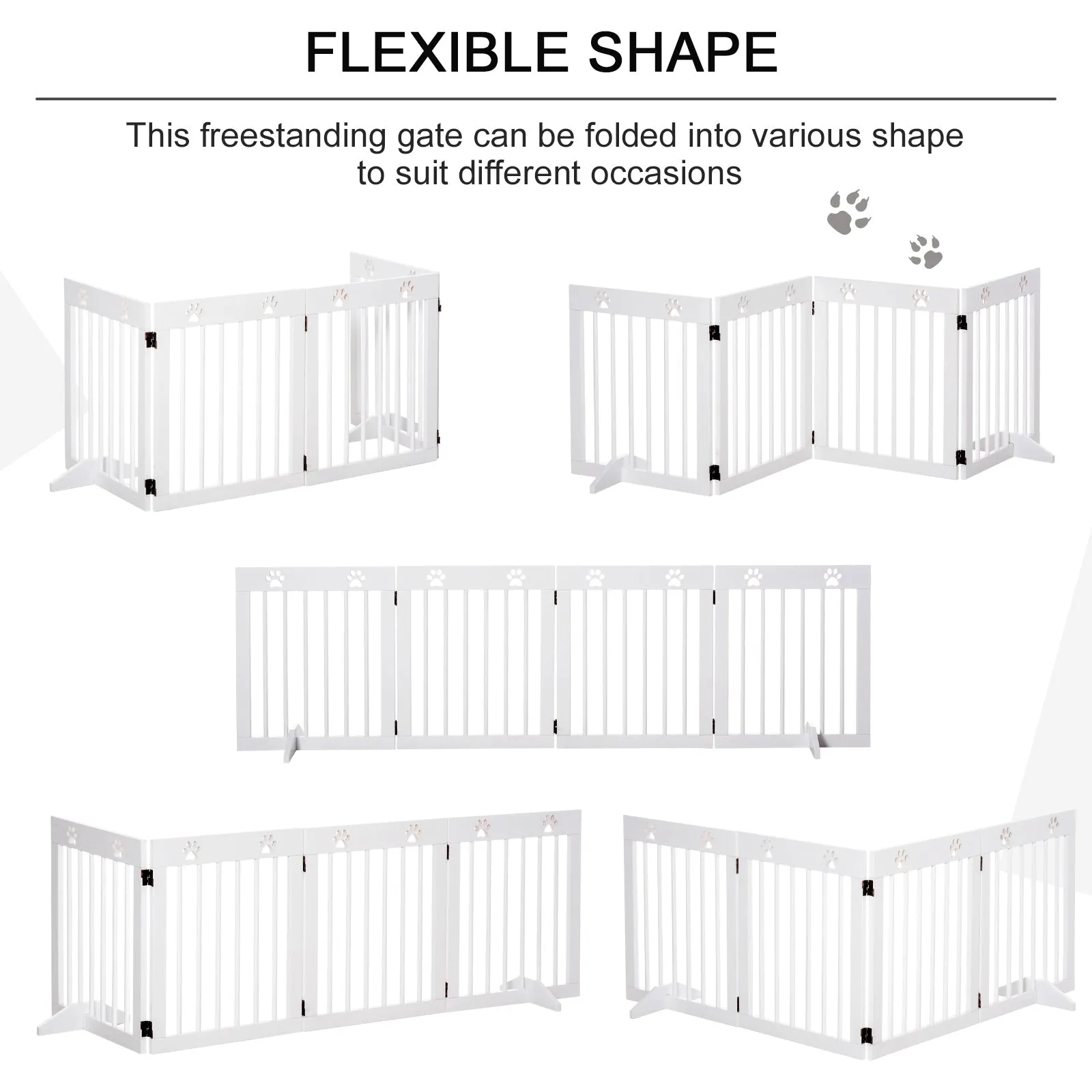 Freestanding Pet Gate 4 Panel Wooden Dog Barrier Folding Safety Fence with Support Feet up to 204cm Long 61cm Tall for Doorway Stairs White