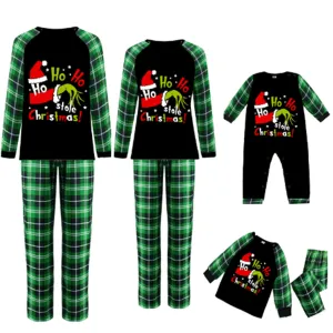 “HO HO HO” Christmas Grinch Green Plaid Print Pajama Set