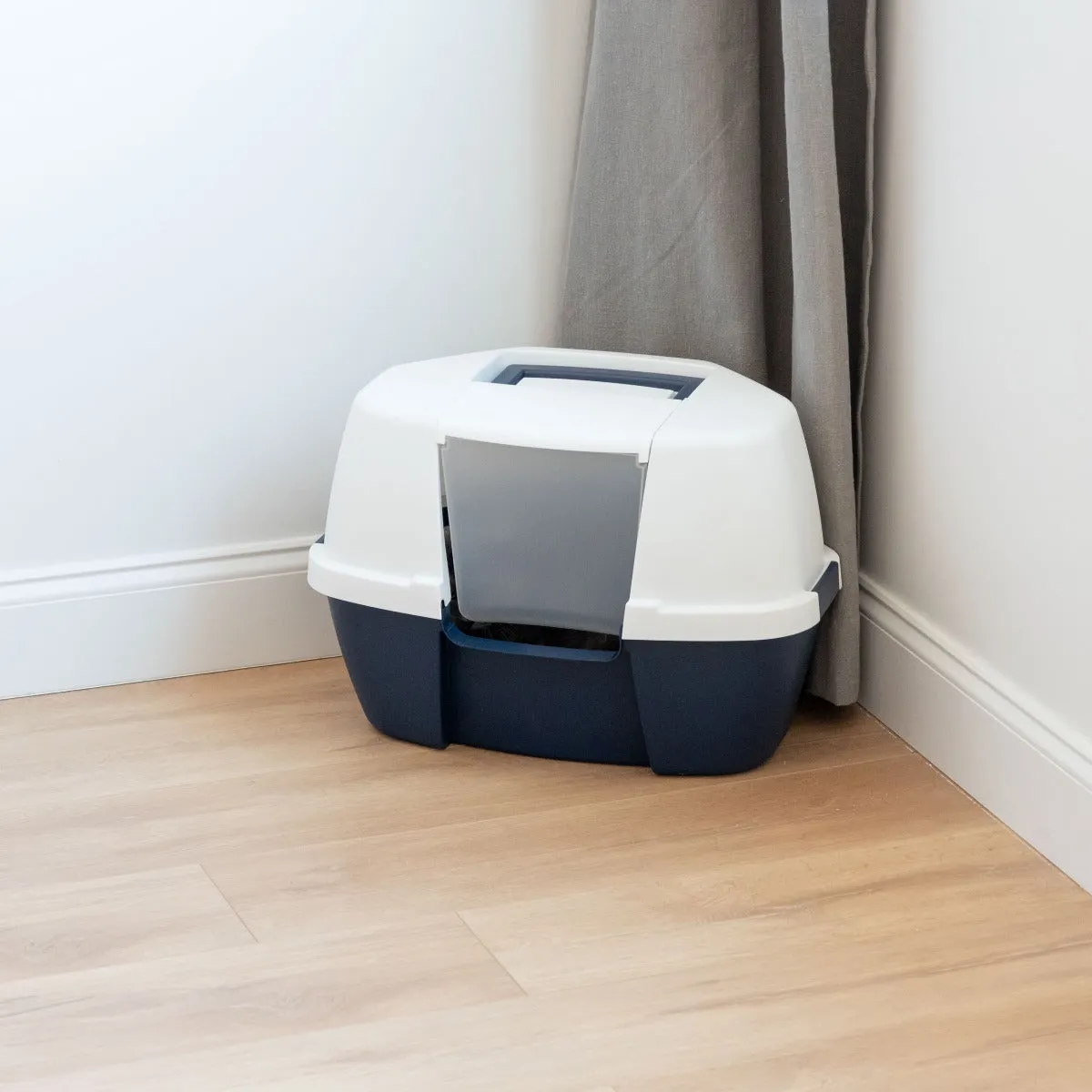 Large Hooded Corner Litter Box with Scoop, Navy