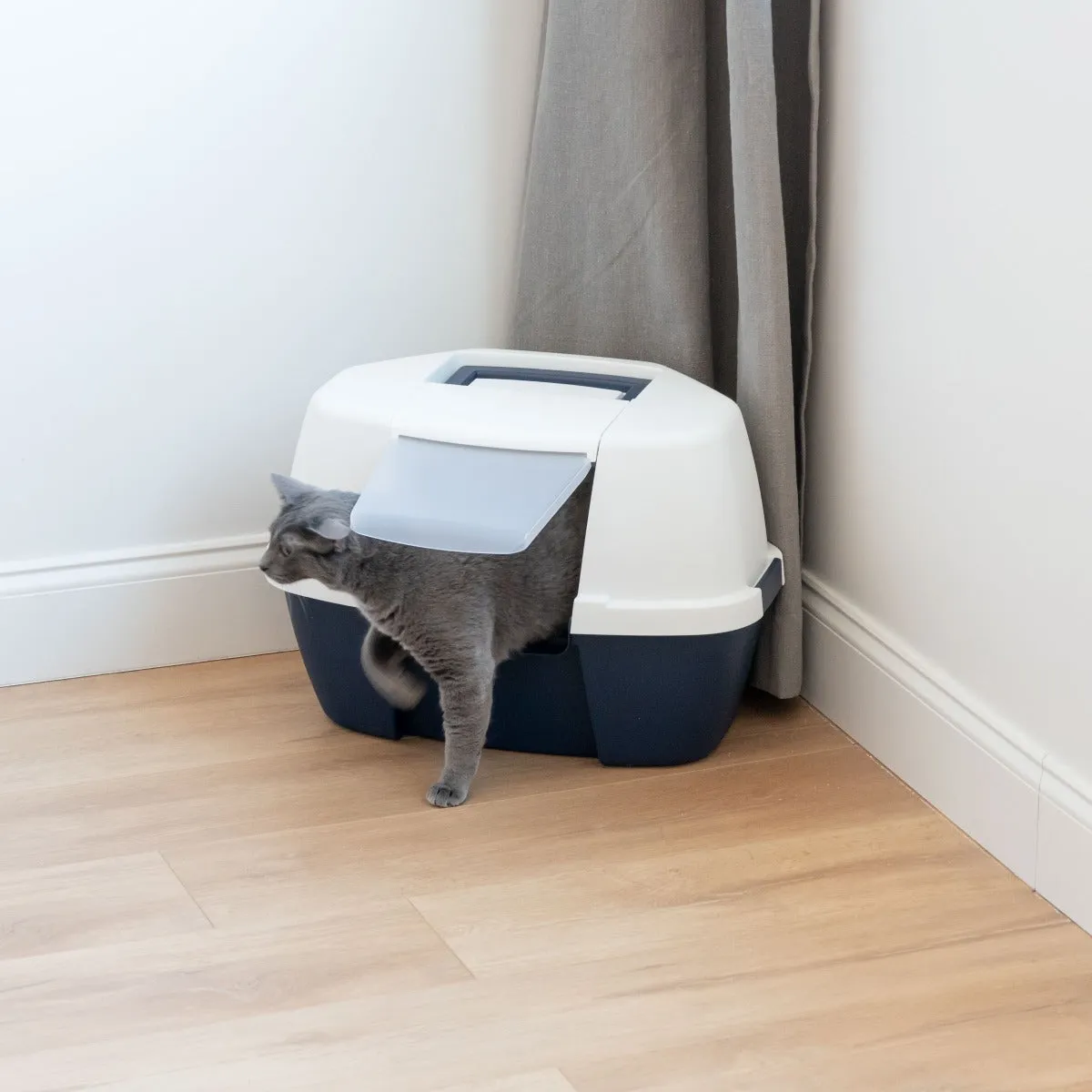 Large Hooded Corner Litter Box with Scoop, Navy