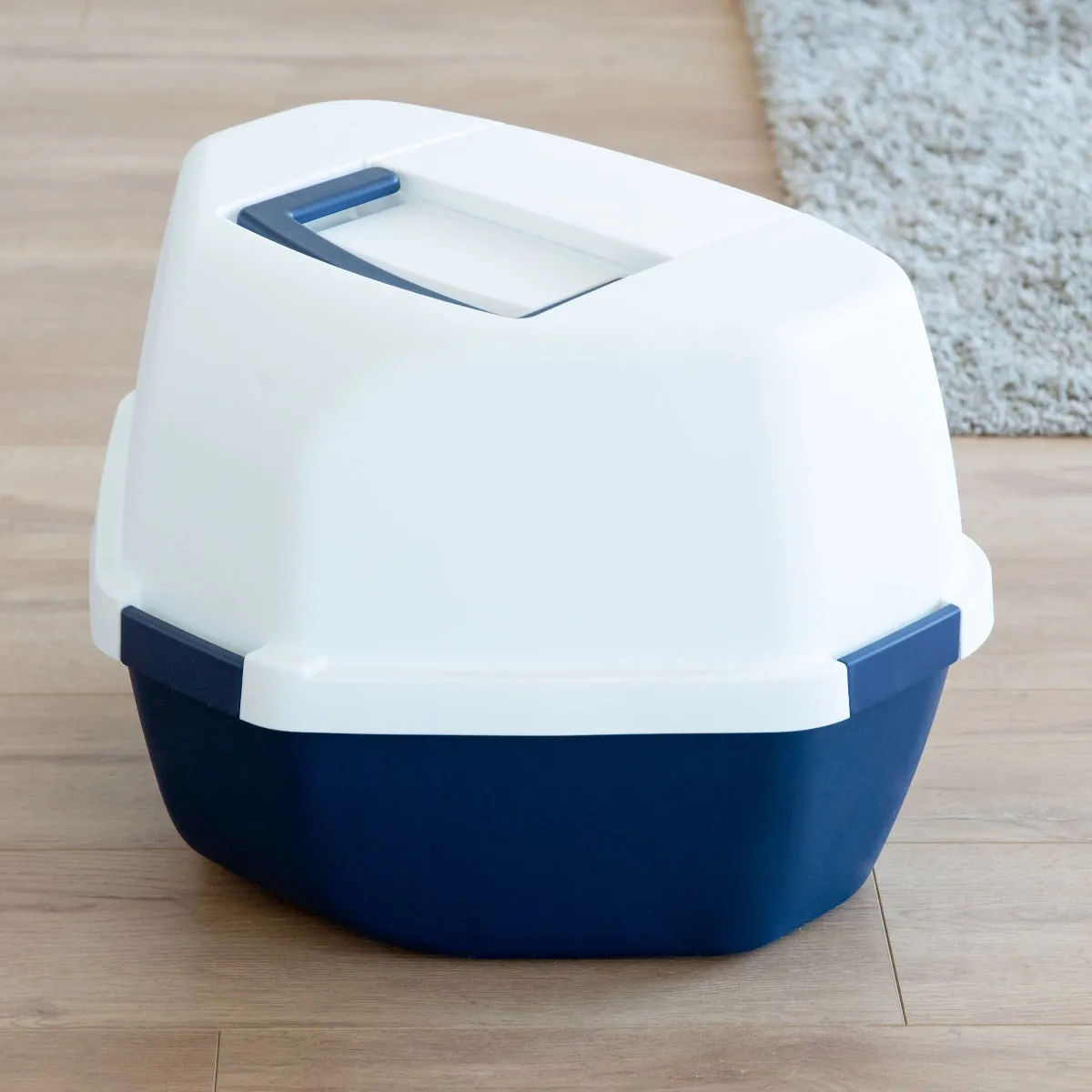 Large Hooded Corner Litter Box with Scoop, Navy