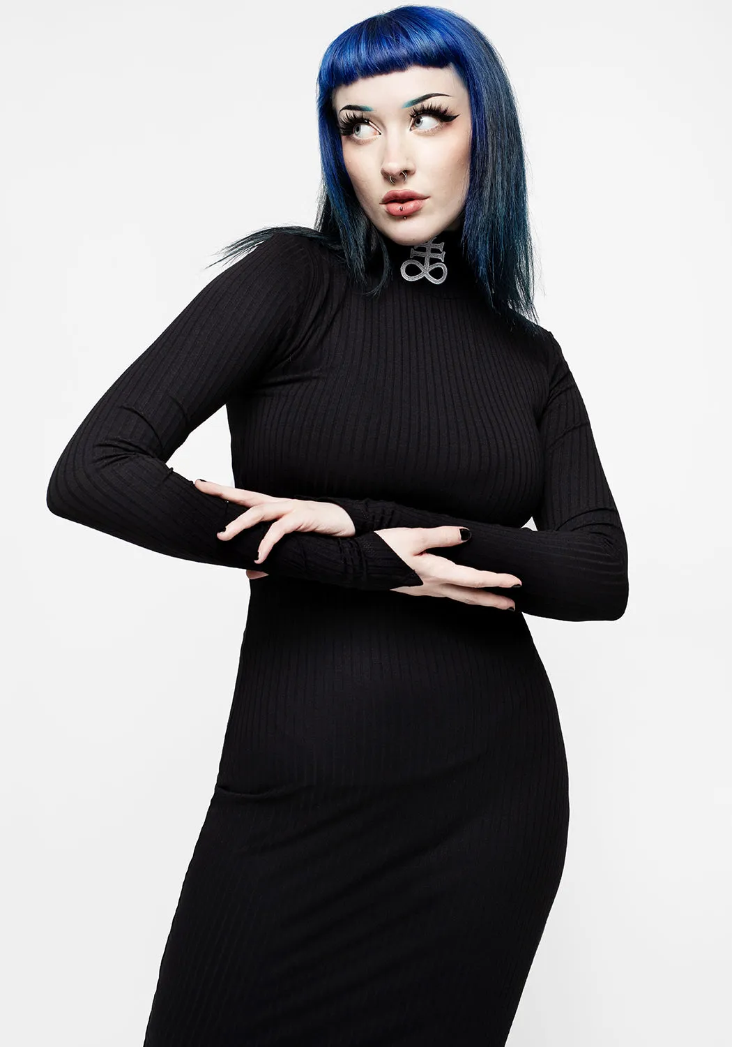 Leviathan Funnel Neck Rib Midi Dress