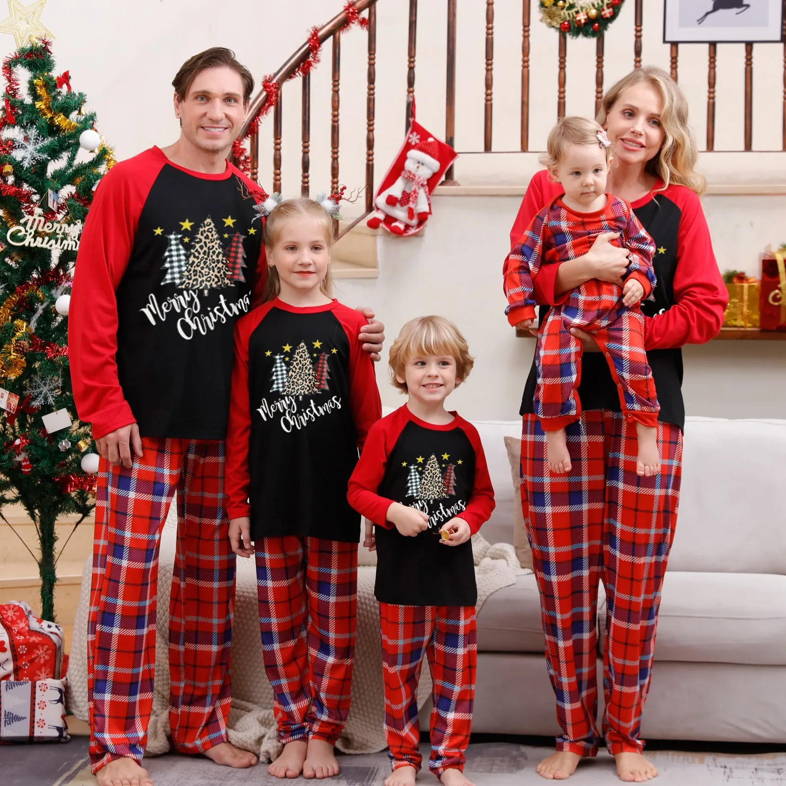 “Merry Christmas” Christmas Tree Plaid Family Holiday Pajama Set