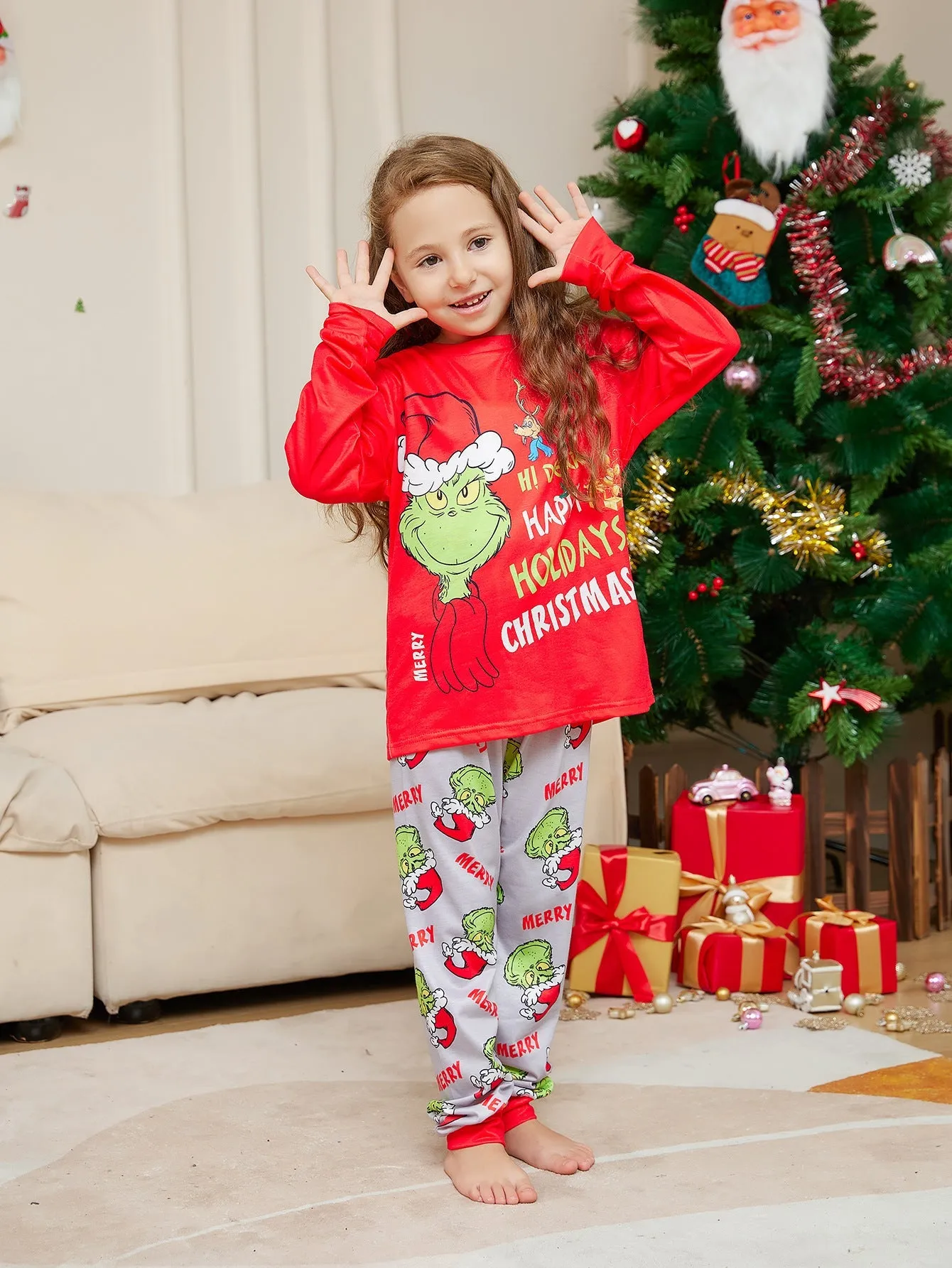 New Christmas family pajamas set with cartoon letter pattern