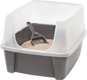 Open-Top Cat Litter Box with Shield and Scoop, Dark Gray