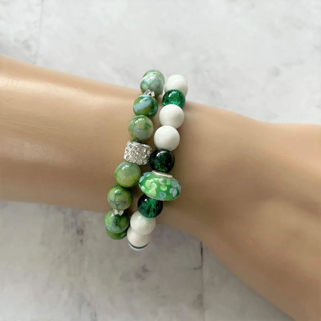 Parrot Green Agate and Silver Beaded Bracelet