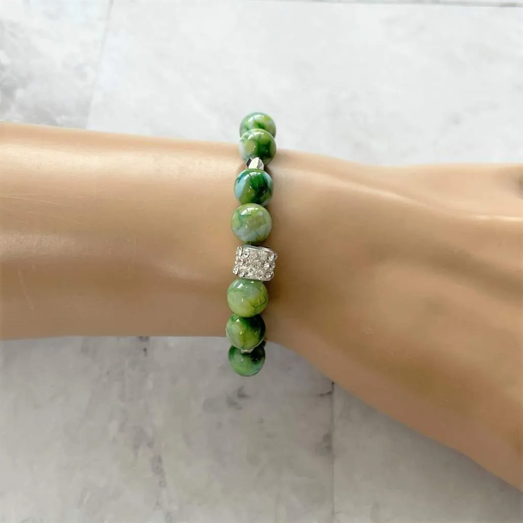 Parrot Green Agate and Silver Beaded Bracelet