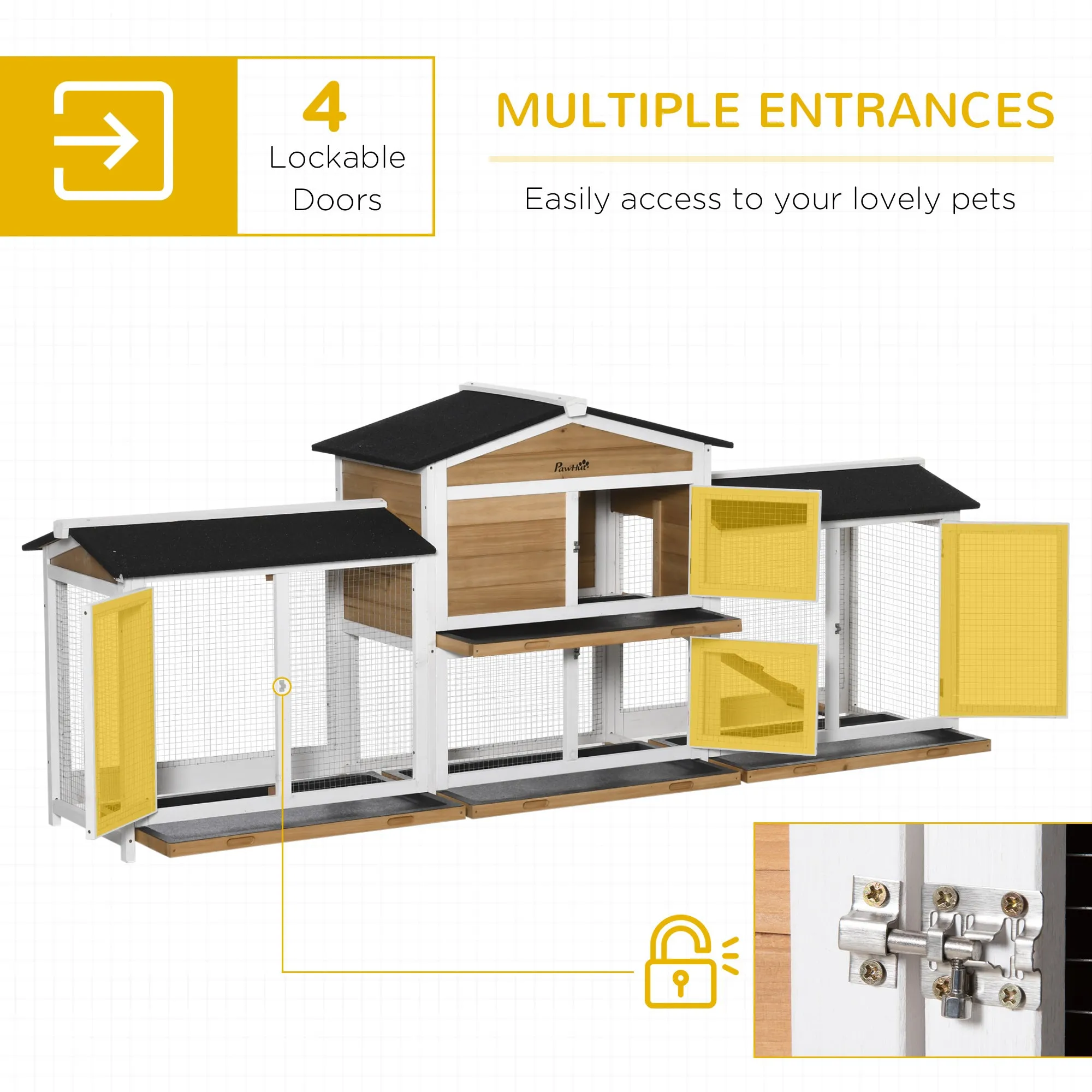 Rabbit Hutch Outdoor, 2-Tier Guinea Pig Hutch, Wooden Bunny Run, Small Animal House with Double Side Run Boxes, Slide-out Tray, Ramp, 230 x 53 x 93.5cm