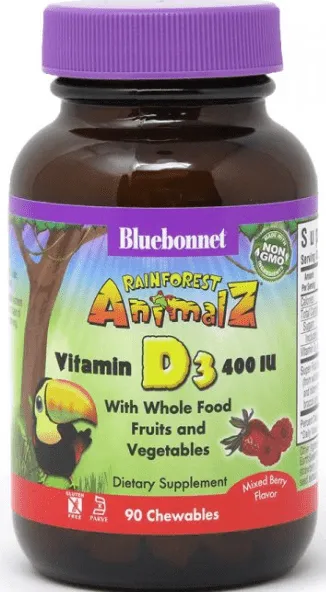 RAINFOREST ANIMALZ® VITAMIN D3 400 IU FOR CHILDREN MIXED BERRY FLAVOR, 90 CHEWS