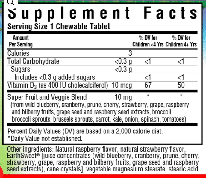 RAINFOREST ANIMALZ® VITAMIN D3 400 IU FOR CHILDREN MIXED BERRY FLAVOR, 90 CHEWS