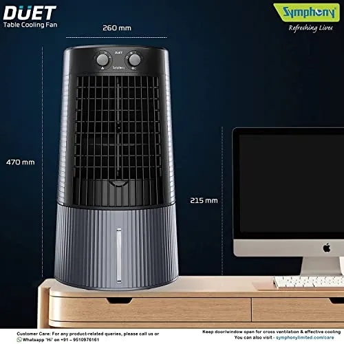 Symphony Duet Personal Tower Cooling Fan For Home and Office with Honeycomb Pad, Powerful Blower, Auto Rotation and Low Power Consumption (6L, Grey)