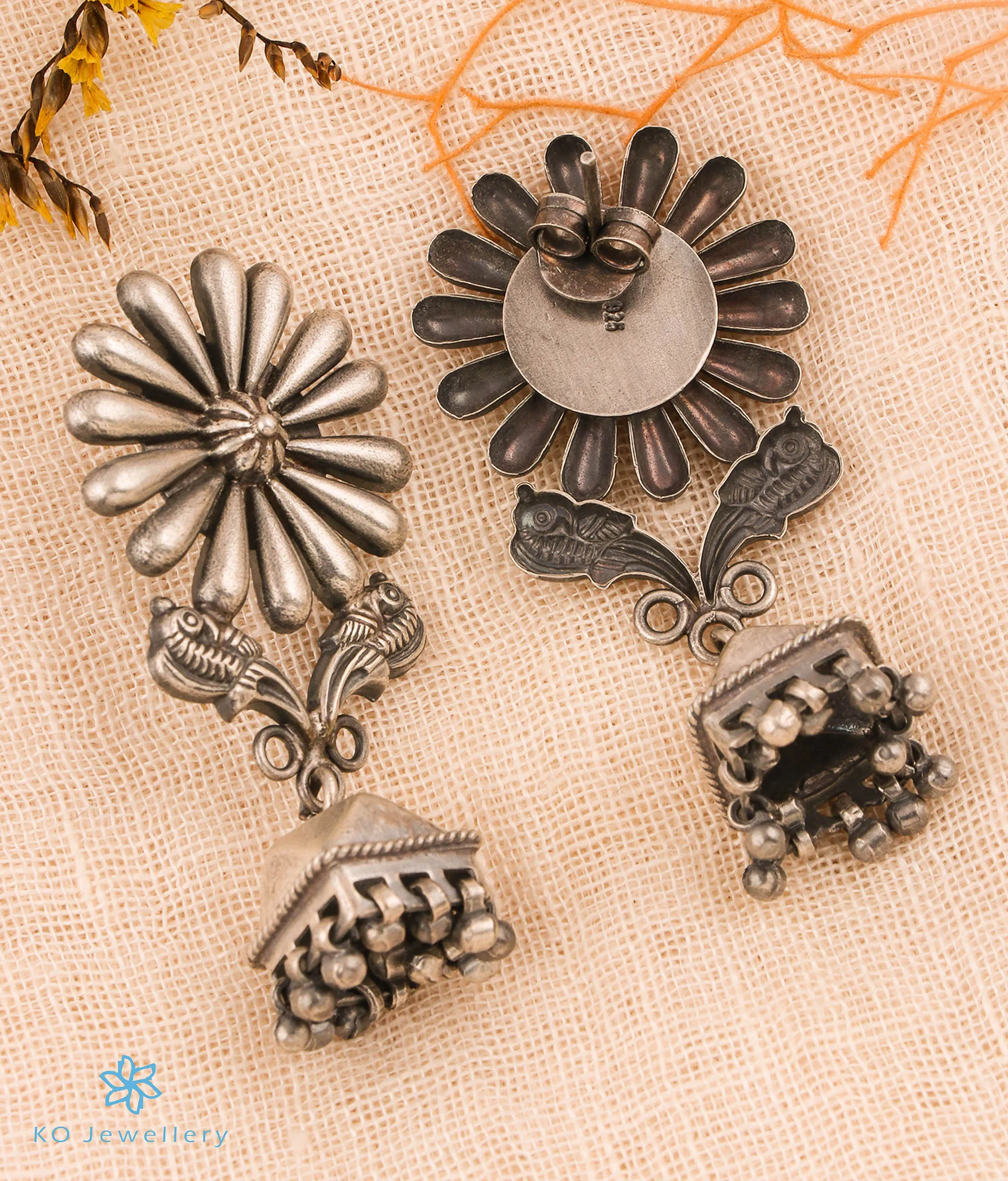 The Vasuda Silver Antique Parrot Jhumkas