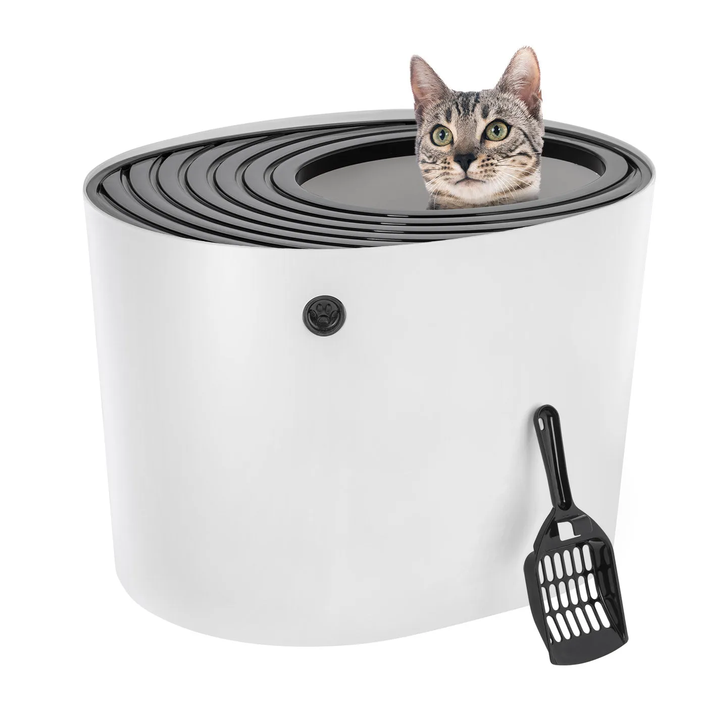 Top Entry Cat Litter Box with Scoop, White/Black