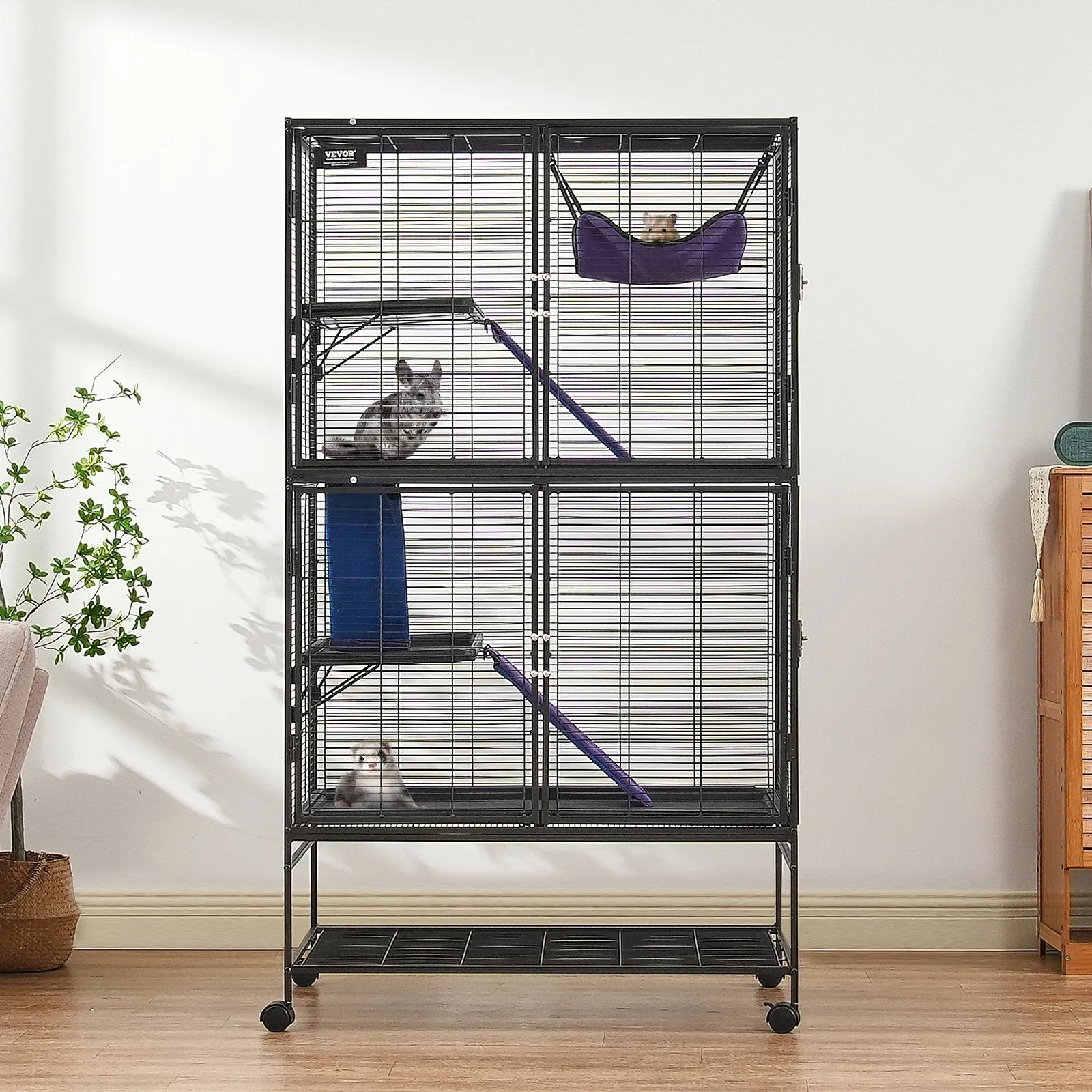 Vevor Metal Small Animal Cage 64.6" 4-Tier Rolling Cage with 3 Ramps and Tray New