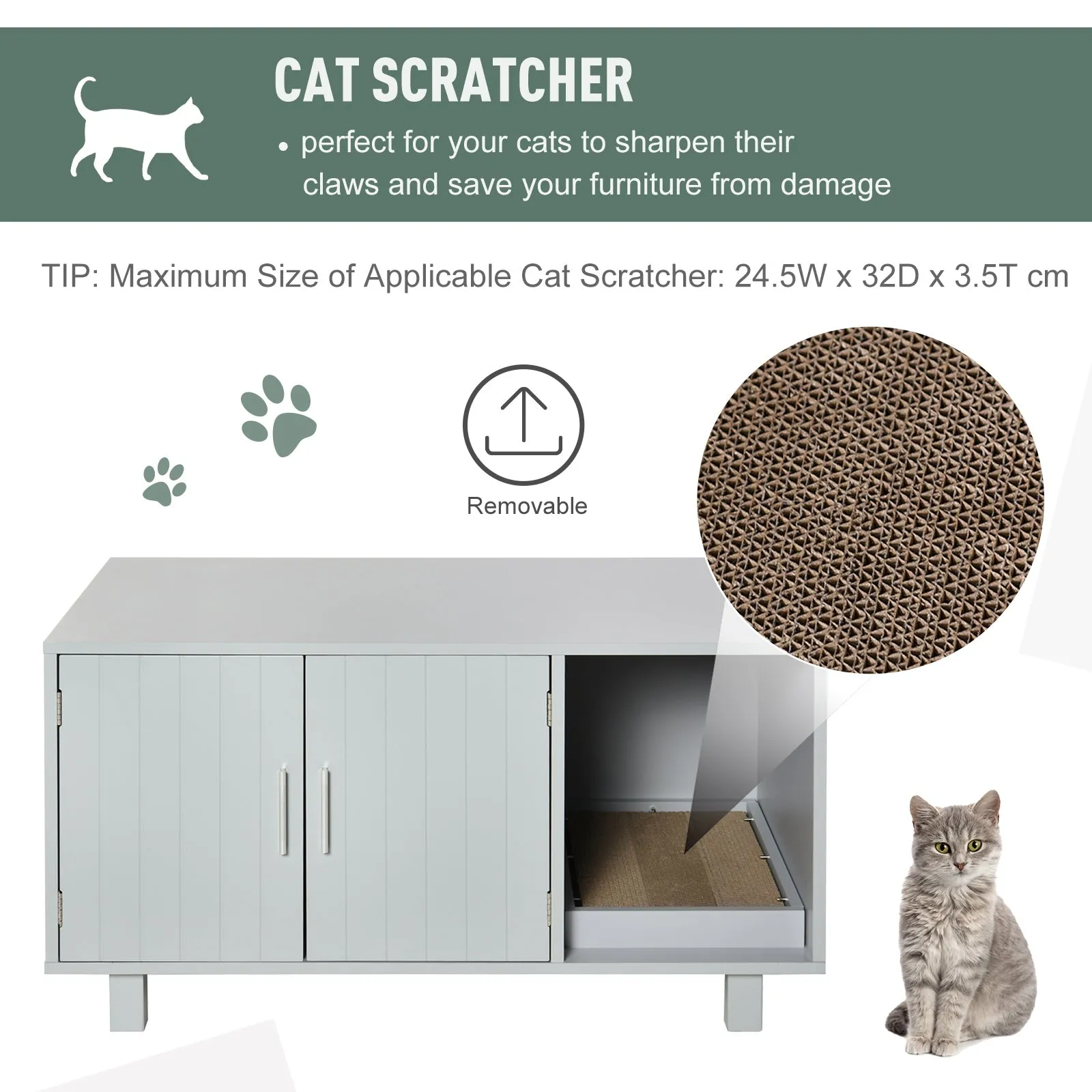 Wooden Cat Litter Box Enclosure & House with Nightstand/End Table Design, Scratcher, & Magnetic Doors, Grey