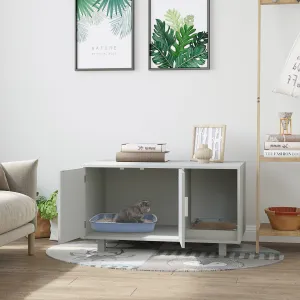 Wooden Cat Litter Box Enclosure & House with Nightstand/End Table Design, Scratcher, & Magnetic Doors, Grey